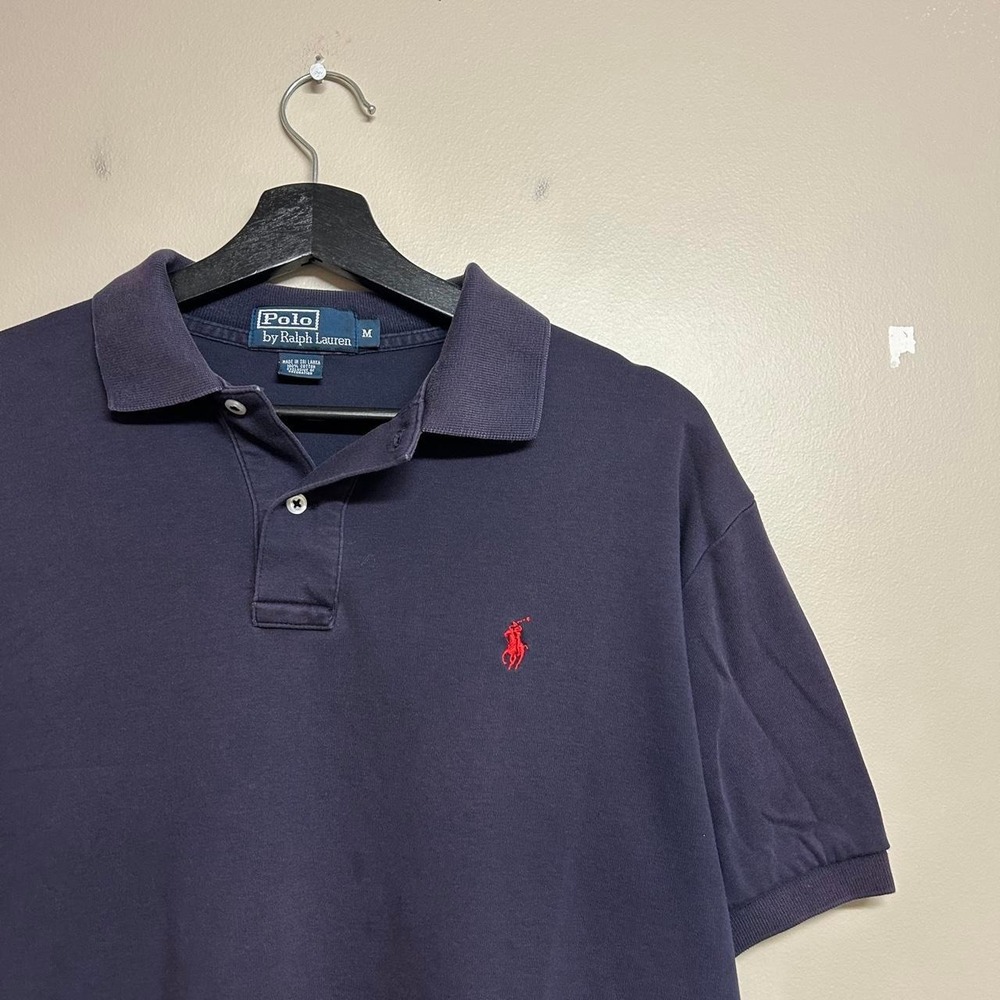 Vintage 90s Polo Ralph Lauren Faded Navy Blue Polo Shirt Mens Medium Red Pony - Picture 2 of 6
